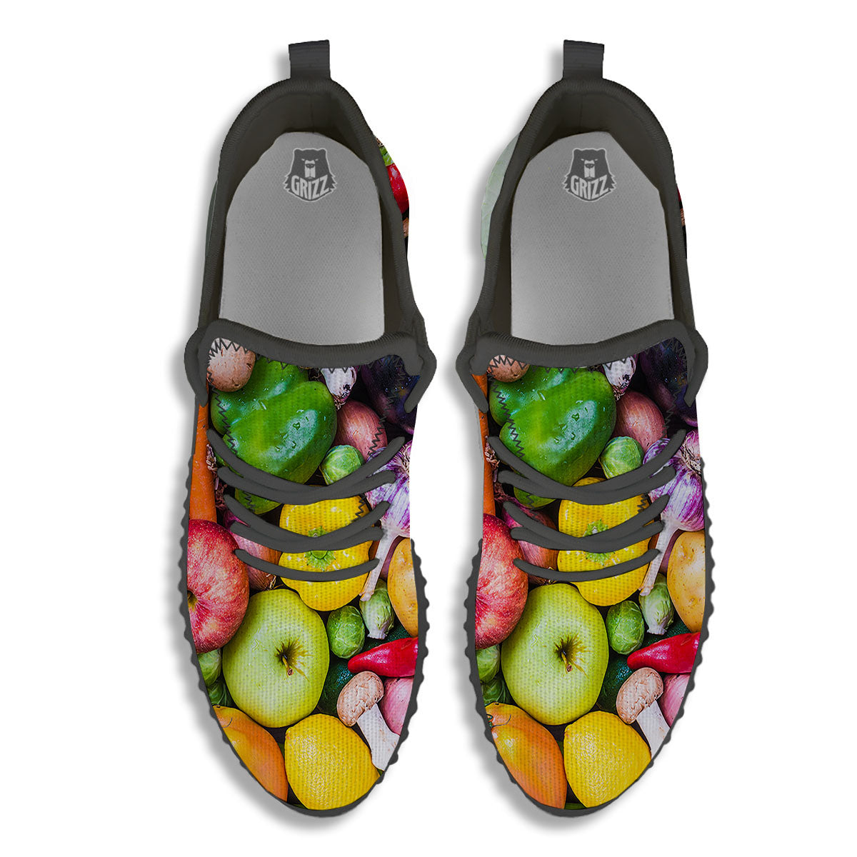 Fresh Green Fruit And Vegetables Print Black Walking Shoes-grizzshop