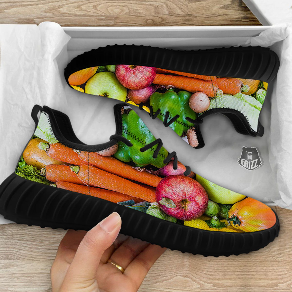 Fresh Green Fruit And Vegetables Print Black Walking Shoes-grizzshop