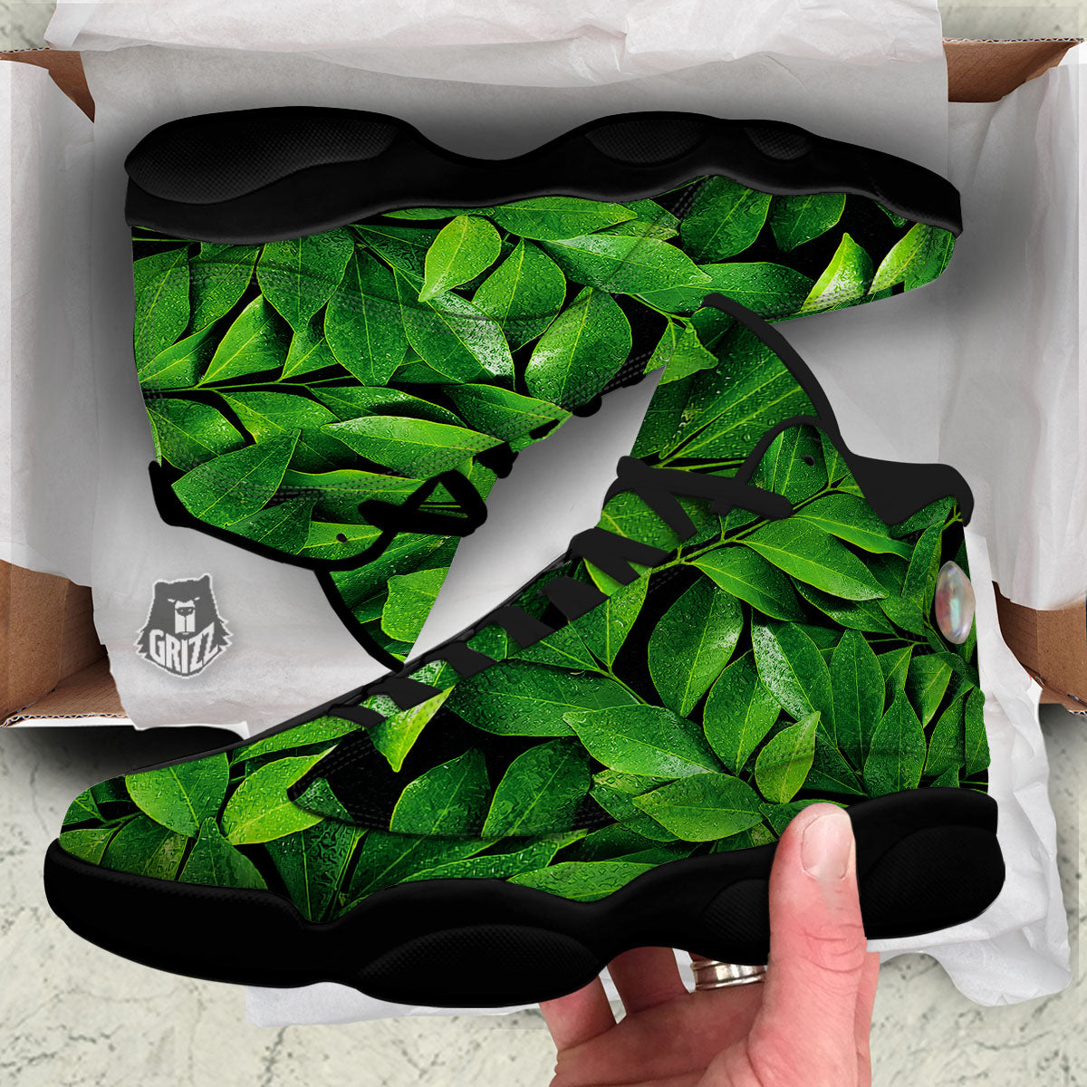 Fresh Leaf Green Print Black Basketball Shoes-grizzshop
