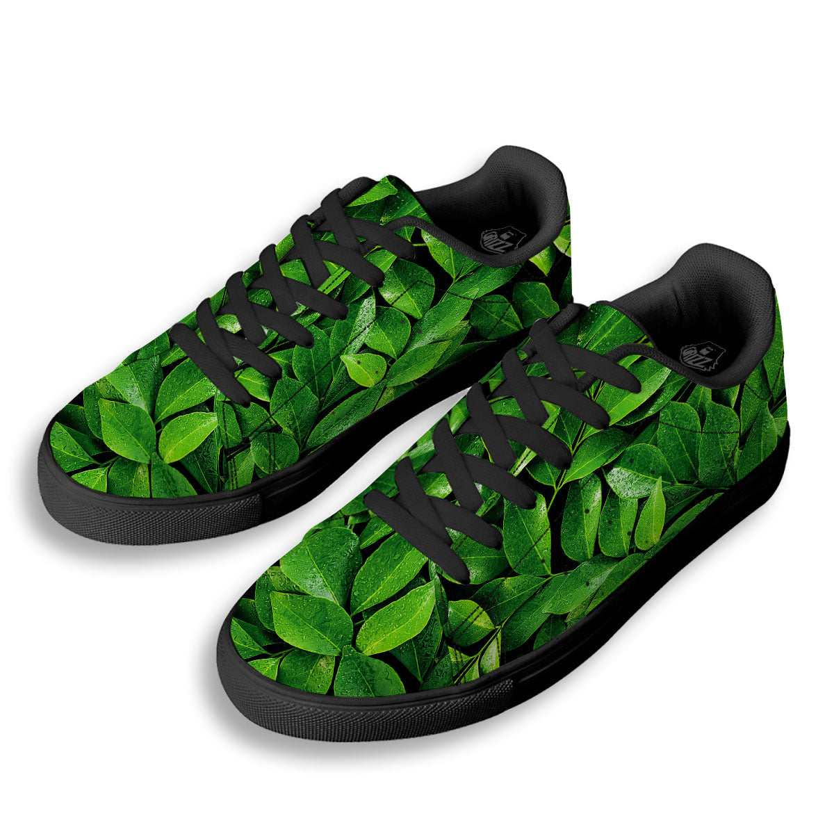 Fresh Leaf Green Print Black Low Top Sneakers-grizzshop