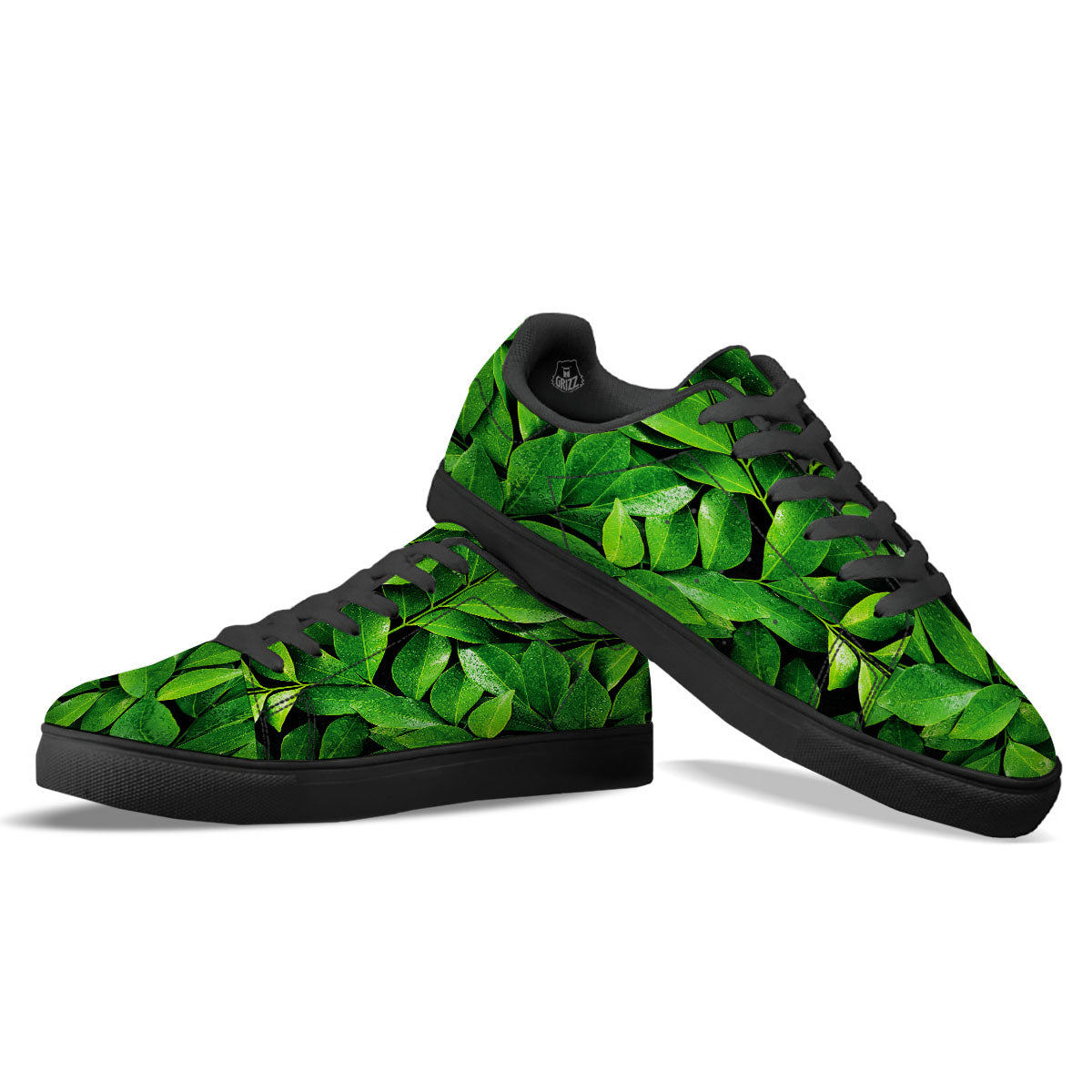 Fresh Leaf Green Print Black Low Top Sneakers-grizzshop