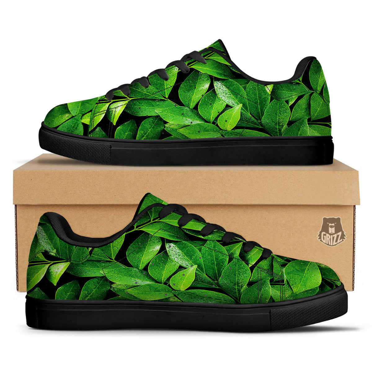 Fresh Leaf Green Print Black Low Top Sneakers-grizzshop