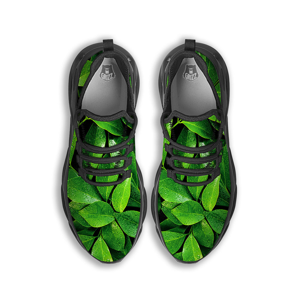 Fresh Leaf Green Print Black Running Shoes-grizzshop