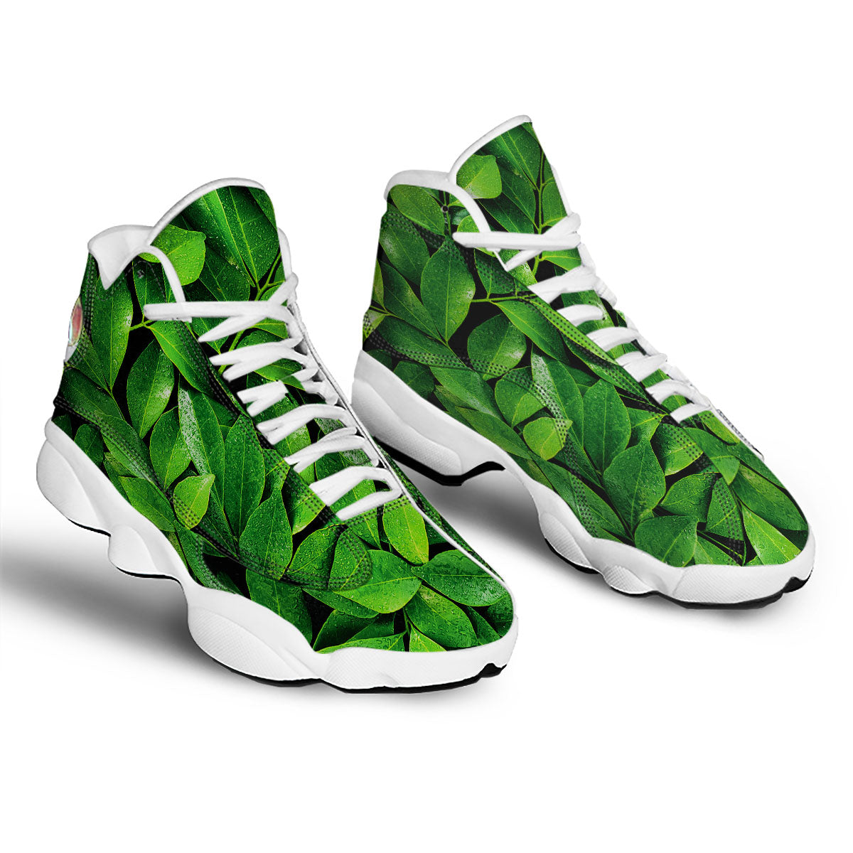 Fresh Leaf Green Print White Basketball Shoes-grizzshop