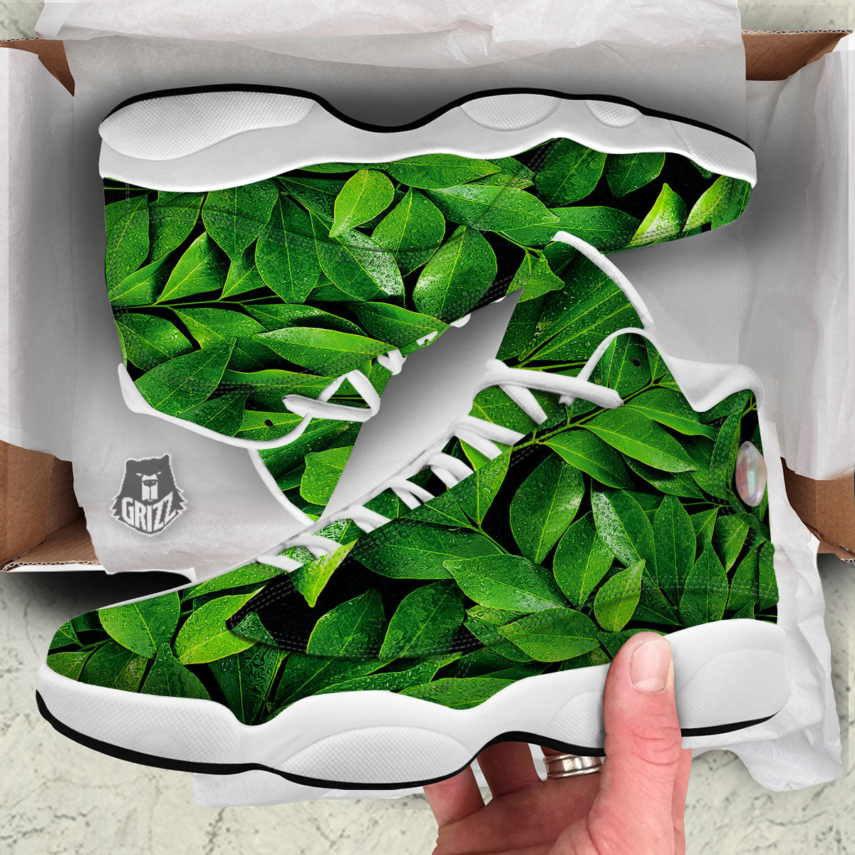Fresh Leaf Green Print White Basketball Shoes-grizzshop