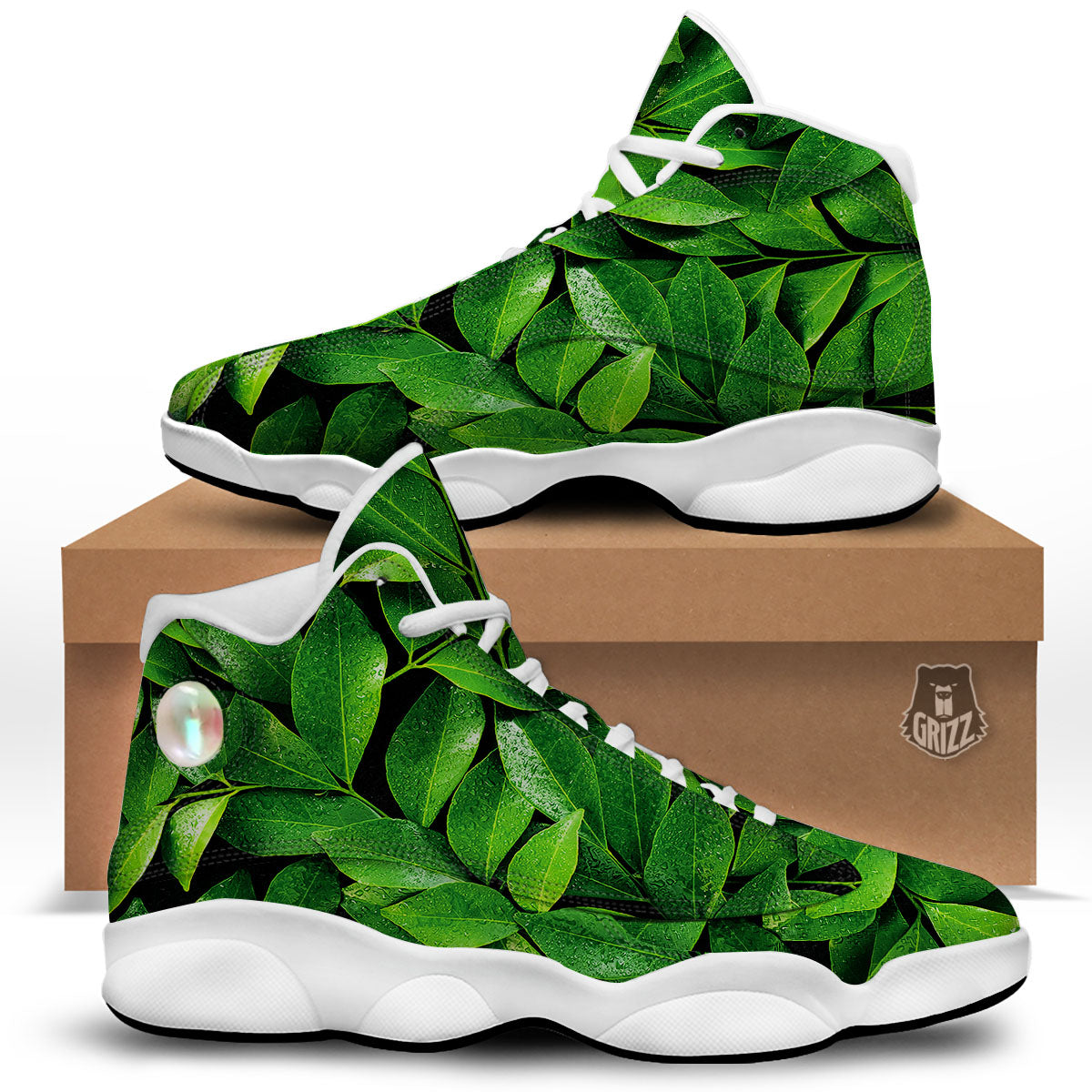 Fresh Leaf Green Print White Basketball Shoes-grizzshop