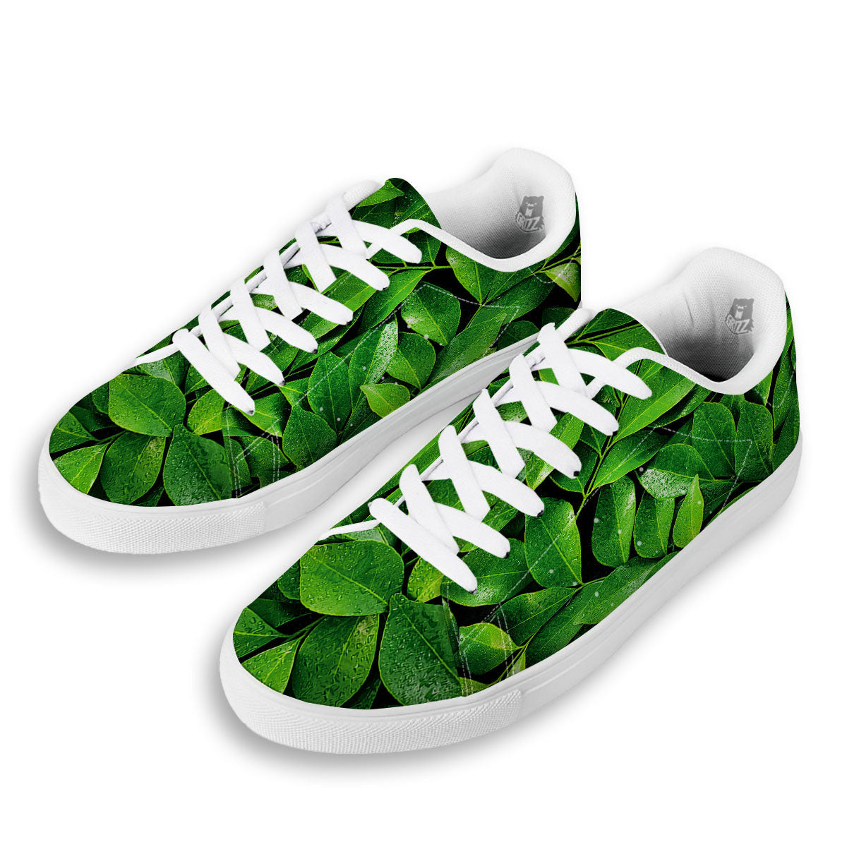 Fresh Leaf Green Print White Low Top Sneakers-grizzshop