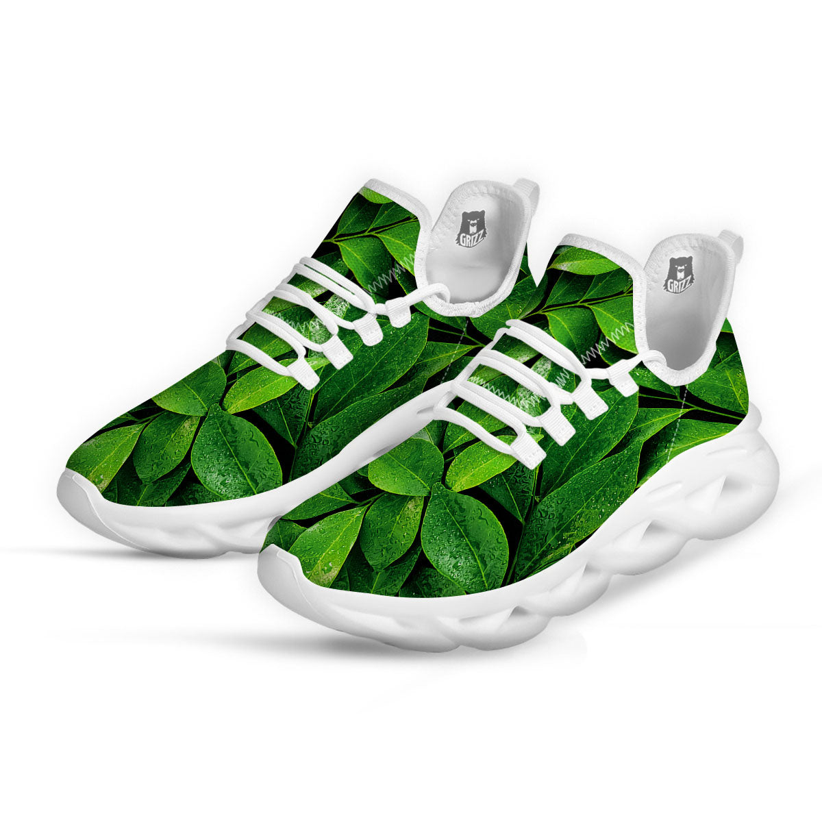 Fresh Leaf Green Print White Running Shoes-grizzshop