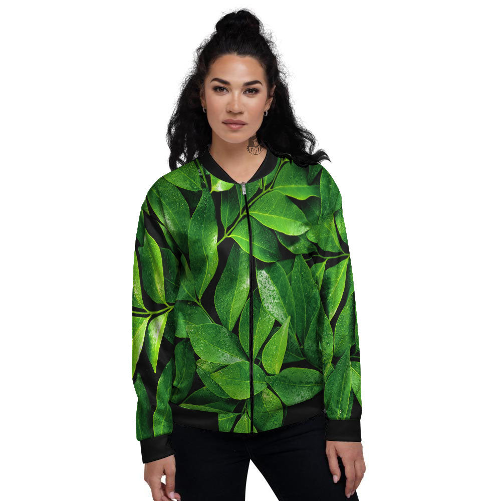 Fresh Leaf Green Print Women's Bomber Jacket-grizzshop