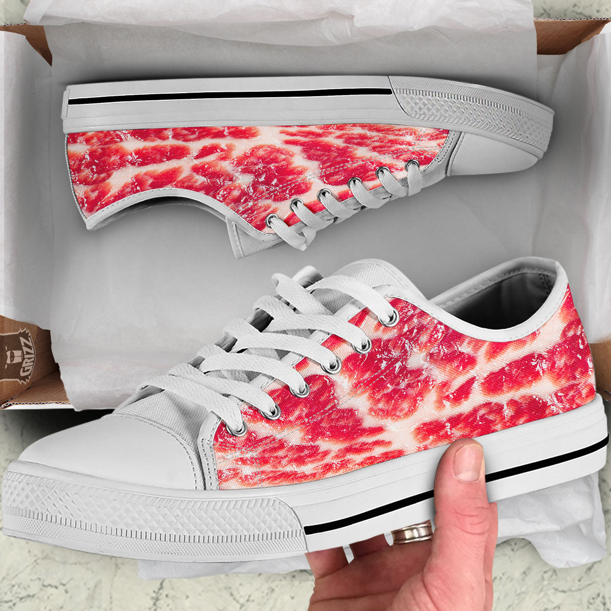 Fresh Meat Print White Low Top Shoes-grizzshop
