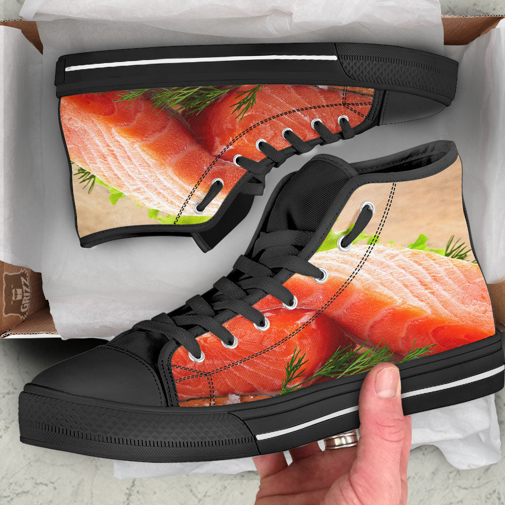 Fresh Salmon Print Black High Top Shoes-grizzshop