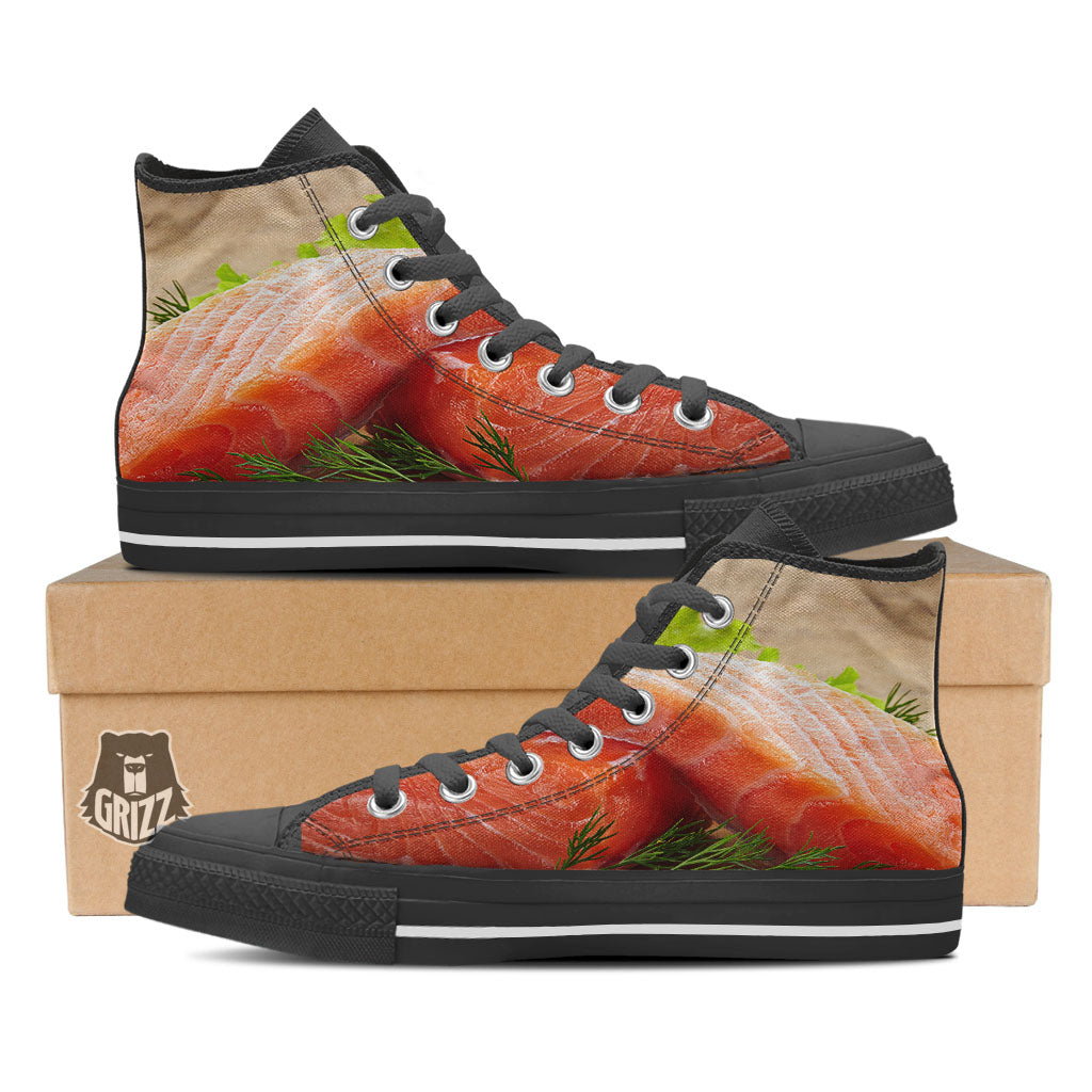Fresh Salmon Print Black High Top Shoes-grizzshop