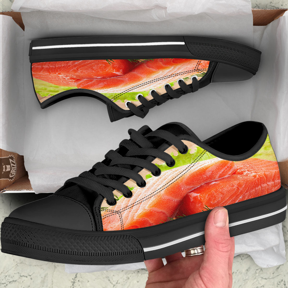 Fresh Salmon Print Black Low Top Shoes-grizzshop