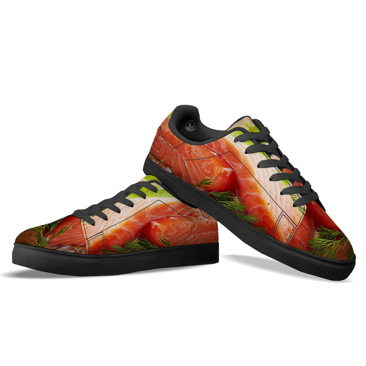 Fresh Salmon Print Black Low Top Sneakers-grizzshop