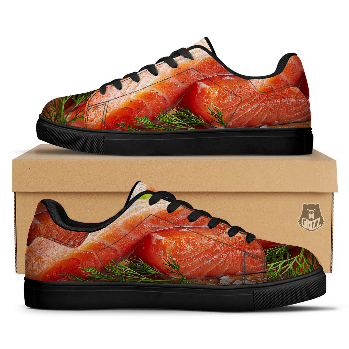 Fresh Salmon Print Black Low Top Sneakers-grizzshop
