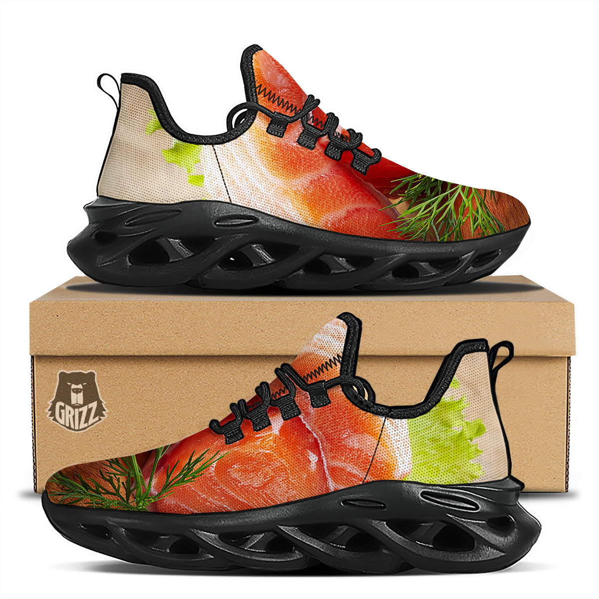 Fresh Salmon Print Black Running Shoes-grizzshop