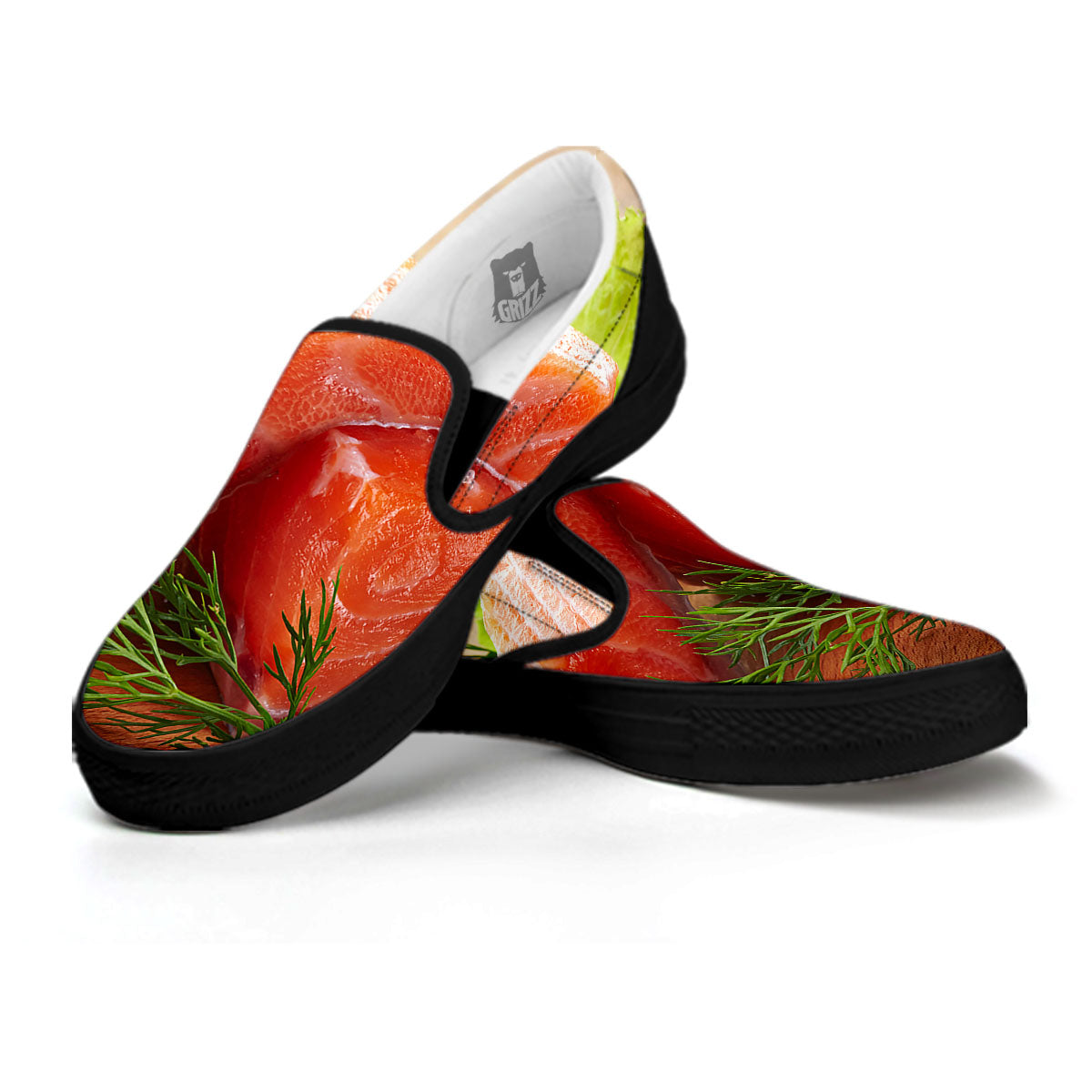 Fresh Salmon Print Black Slip On Shoes-grizzshop