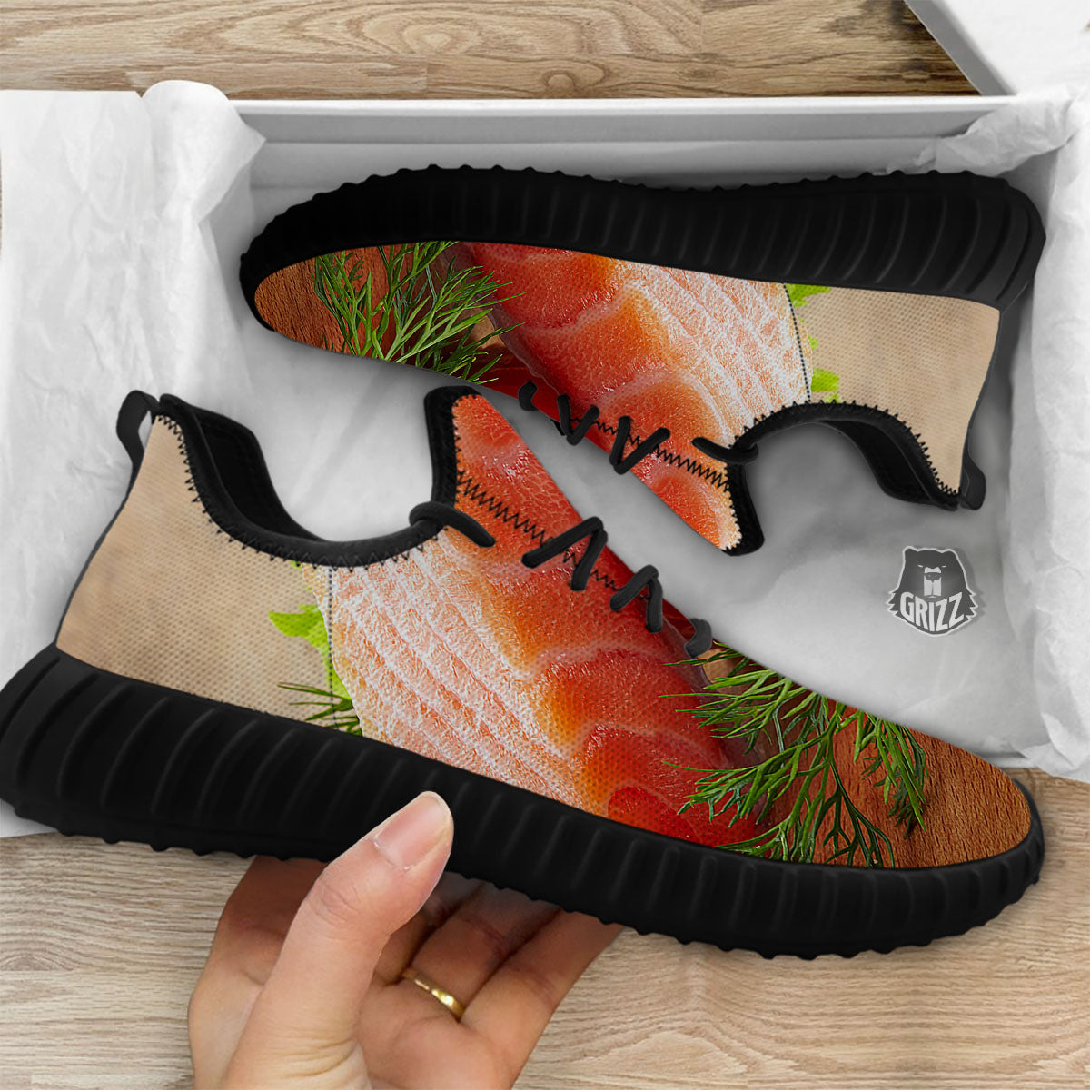 Fresh Salmon Print Black Walking Shoes-grizzshop