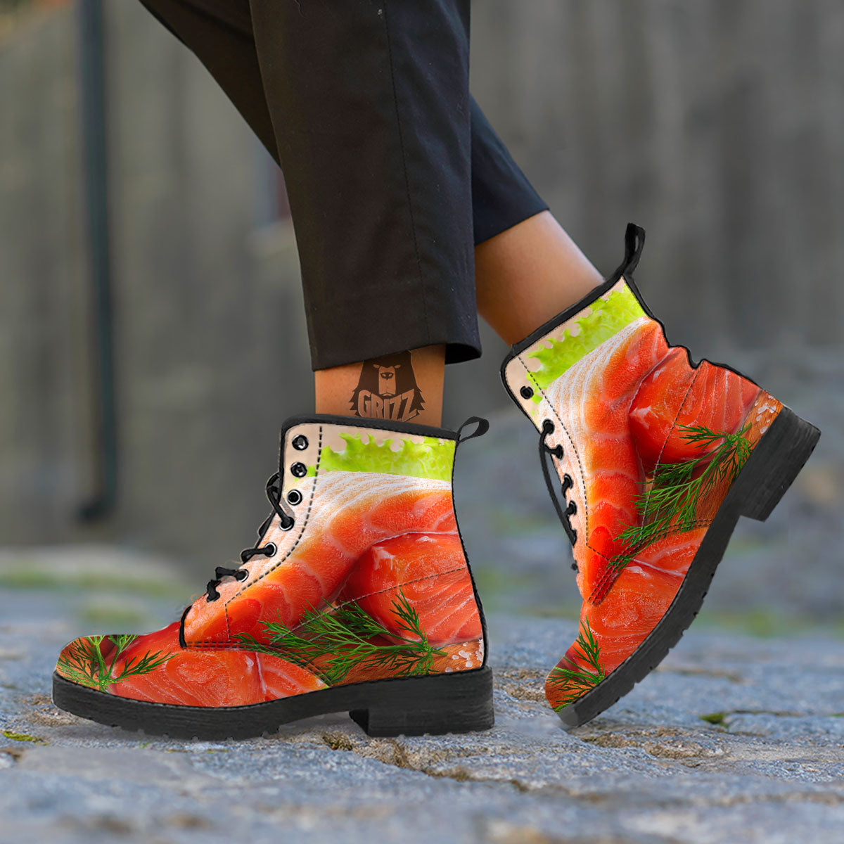 Fresh Salmon Print Leather Boots-grizzshop