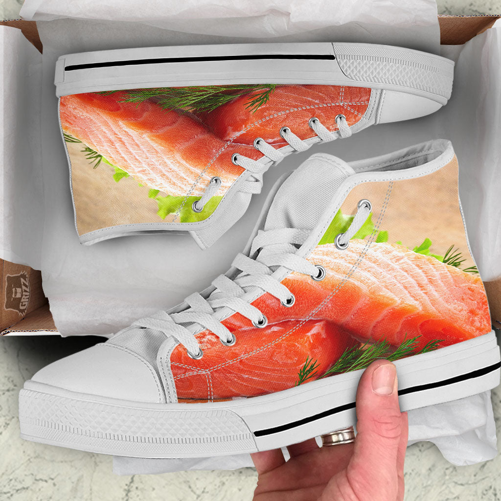 Fresh Salmon Print White High Top Shoes-grizzshop