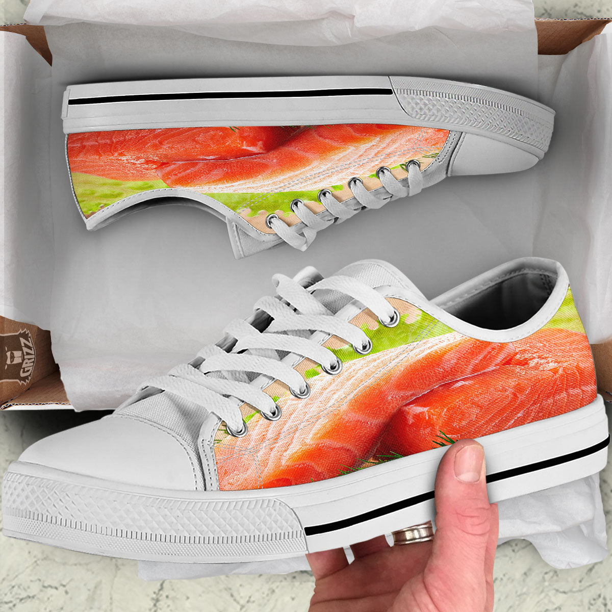 Fresh Salmon Print White Low Top Shoes-grizzshop