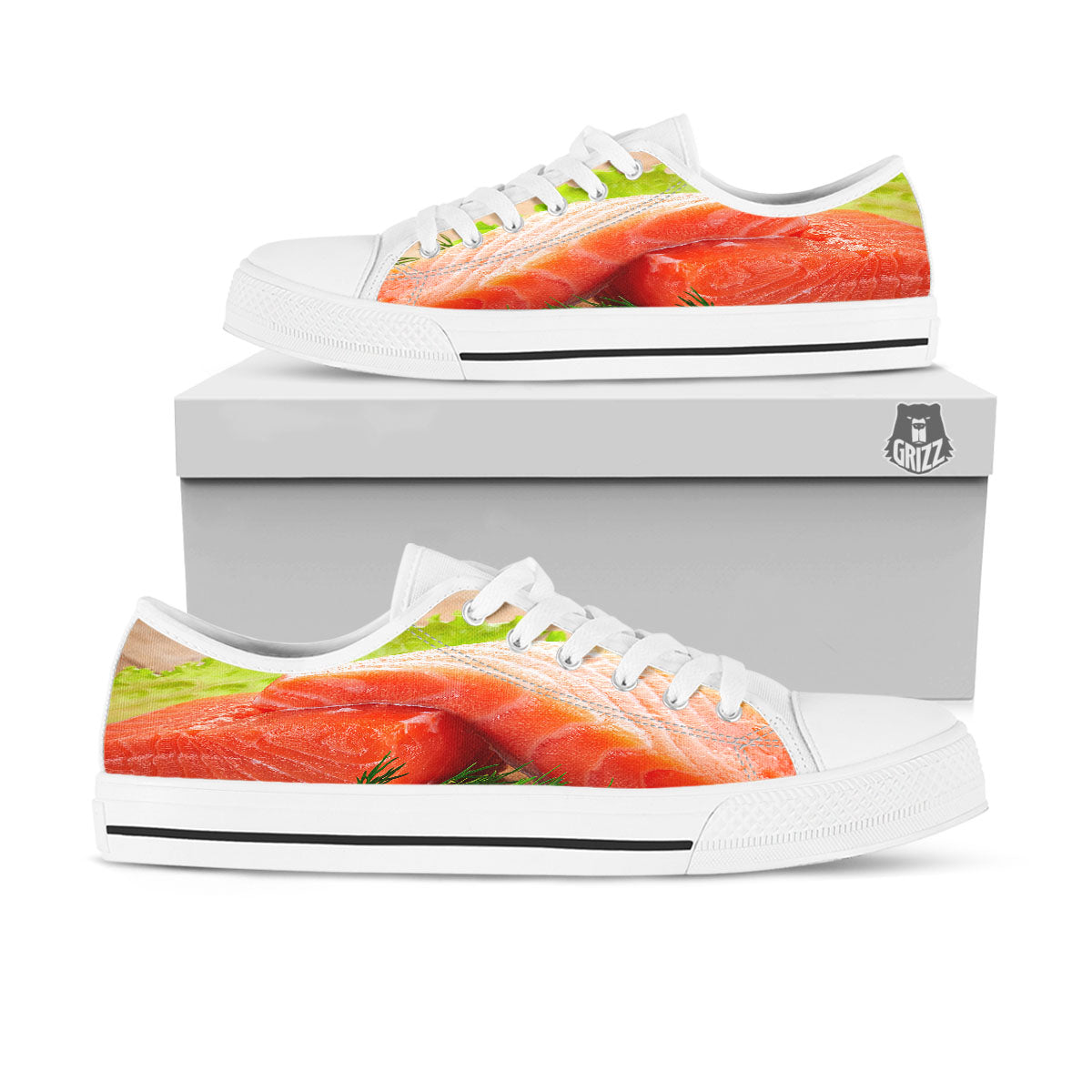 Fresh Salmon Print White Low Top Shoes-grizzshop