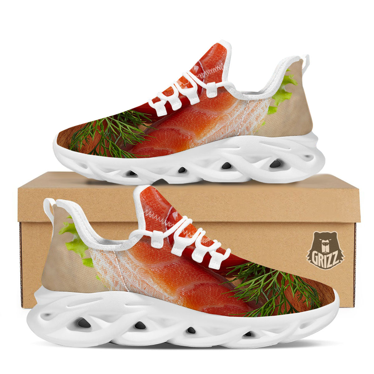 Fresh Salmon Print White Running Shoes-grizzshop