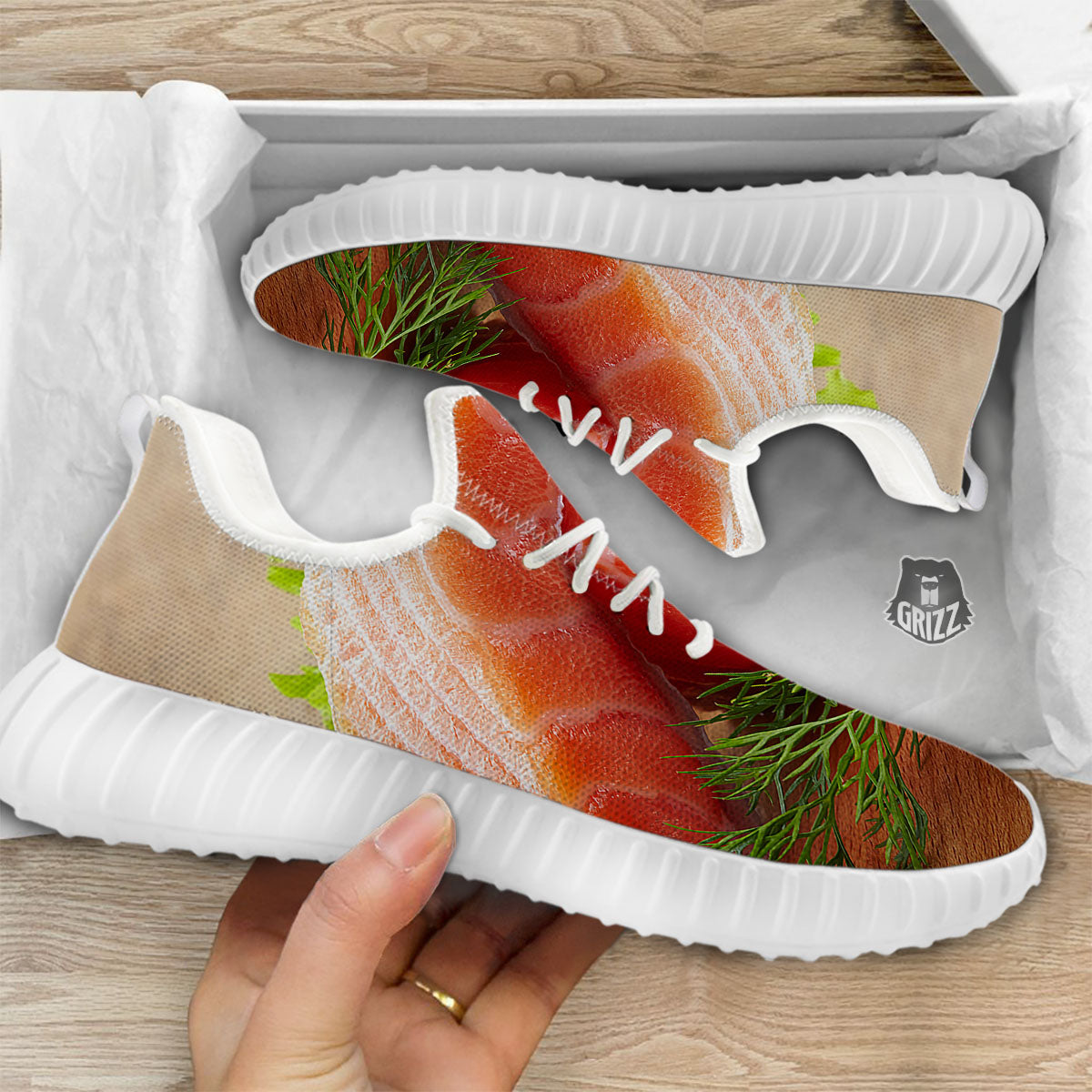Fresh Salmon Print White Walking Shoes-grizzshop