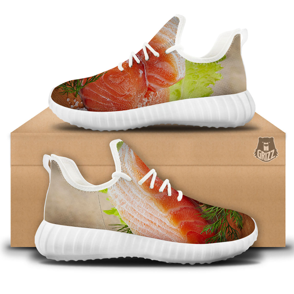 Fresh Salmon Print White Walking Shoes-grizzshop
