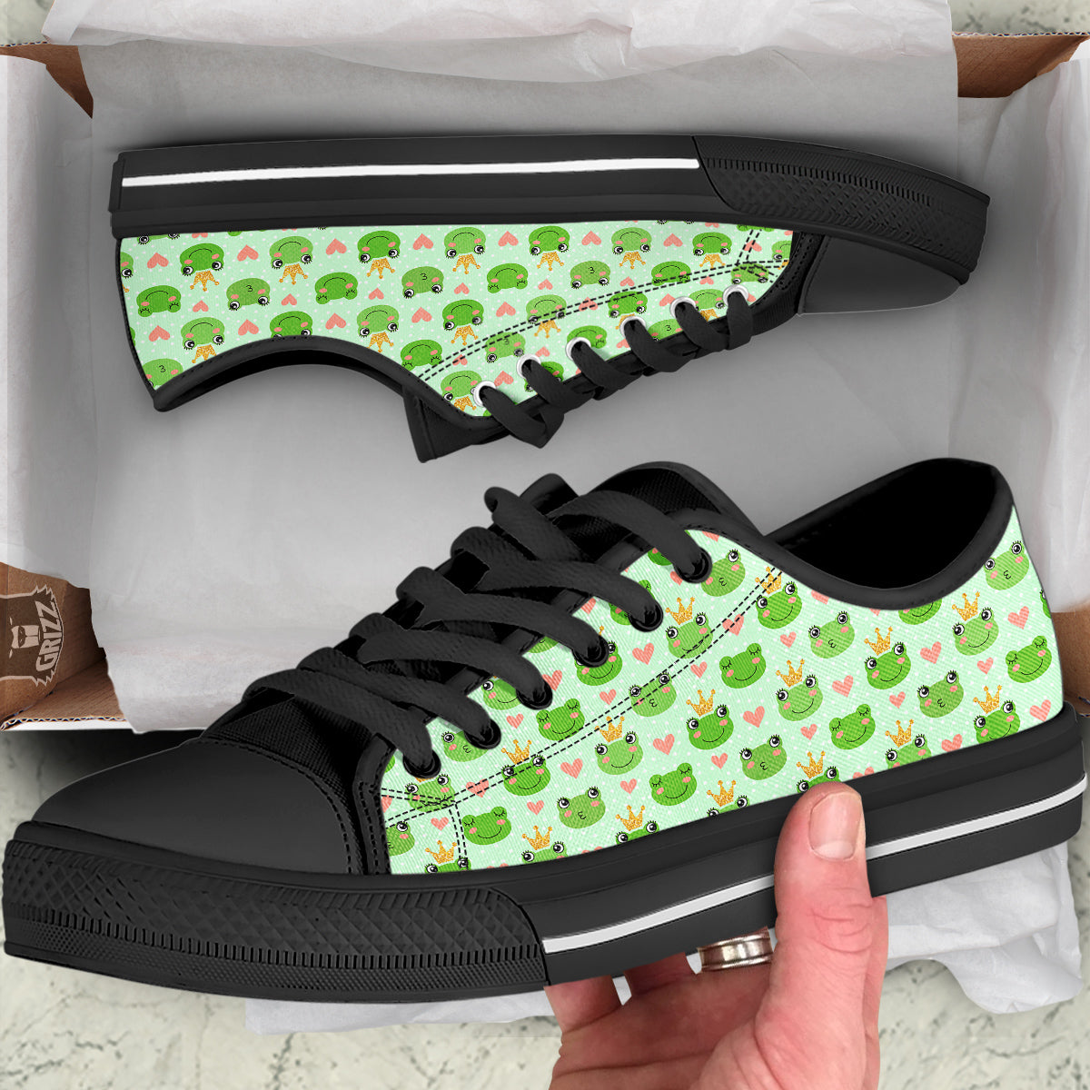 Frog Cute Print Pattern Black Low Top Shoes-grizzshop
