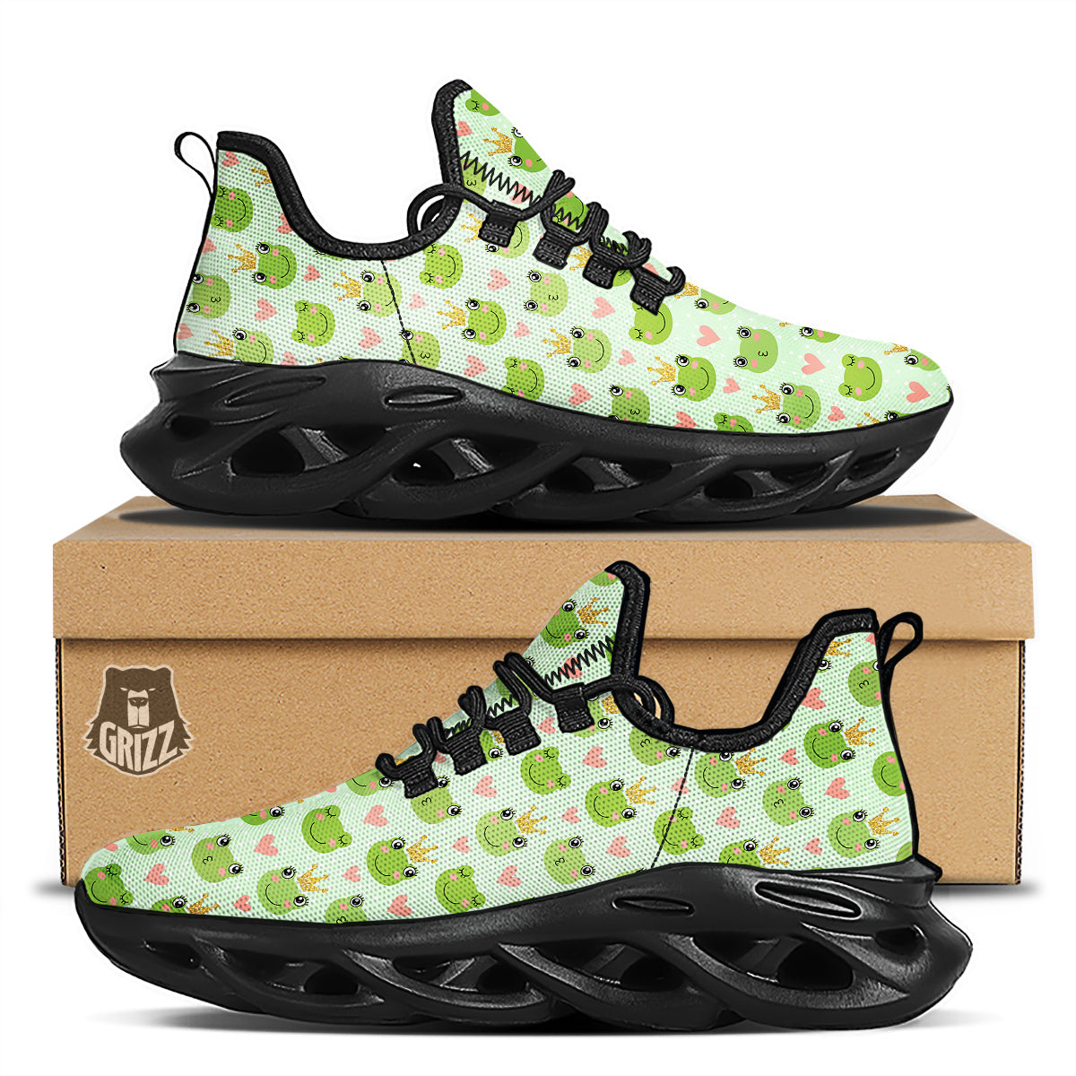 Frog Cute Print Pattern Black Running Shoes-grizzshop