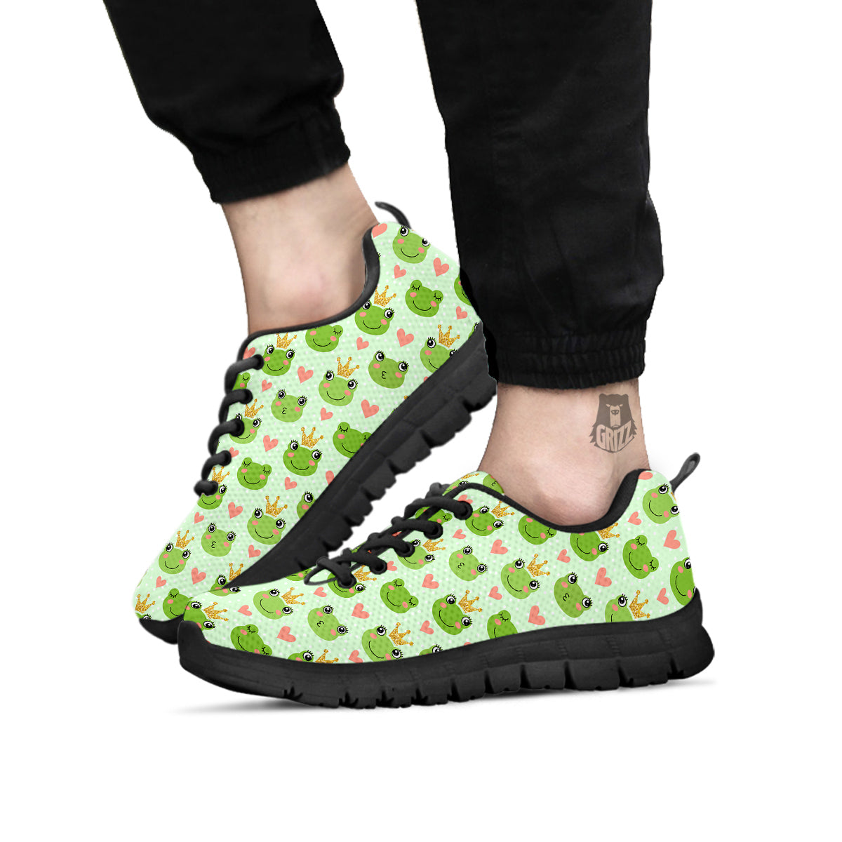 Frog Cute Print Pattern Black Sneaker-grizzshop