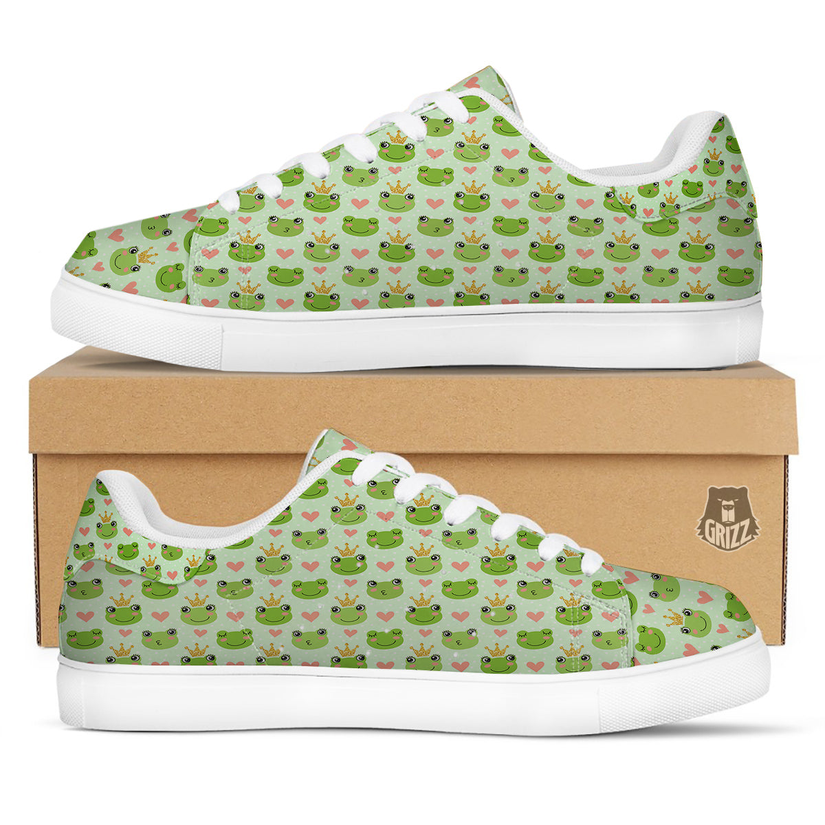 Frog Cute Print Pattern White Low Top Sneakers-grizzshop