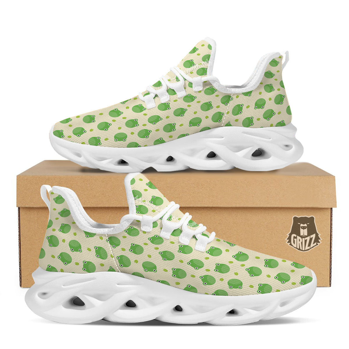 Frog Faces Print Pattern White Running Shoes-grizzshop