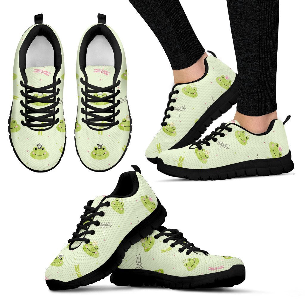 Frog Prince Crown Pattern Print Black Sneaker Shoes For Men Women-grizzshop