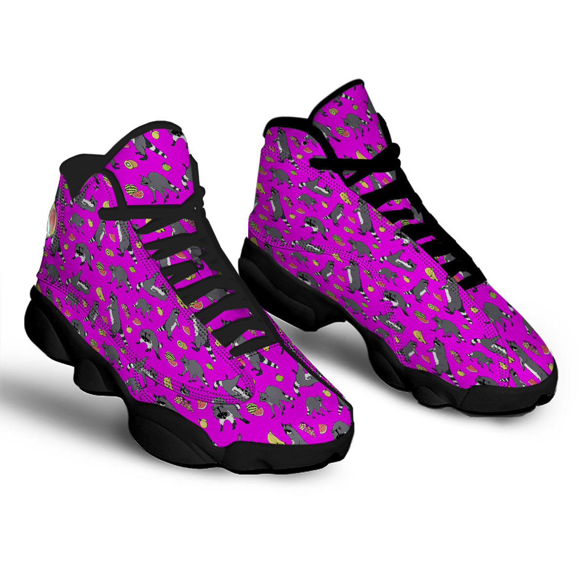 Fruit And Raccoon Print Pattern Black Basketball Shoes-grizzshop