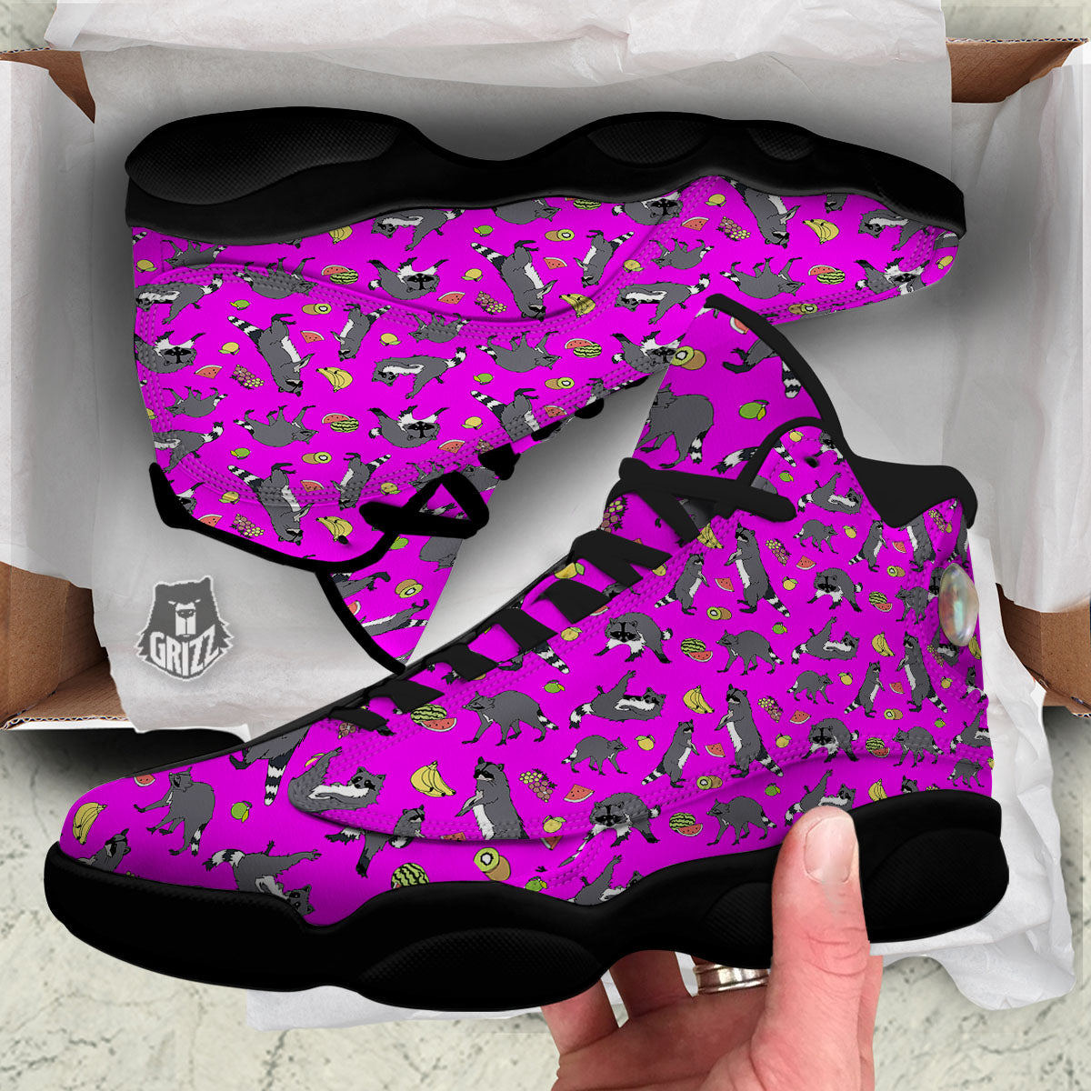 Fruit And Raccoon Print Pattern Black Basketball Shoes-grizzshop