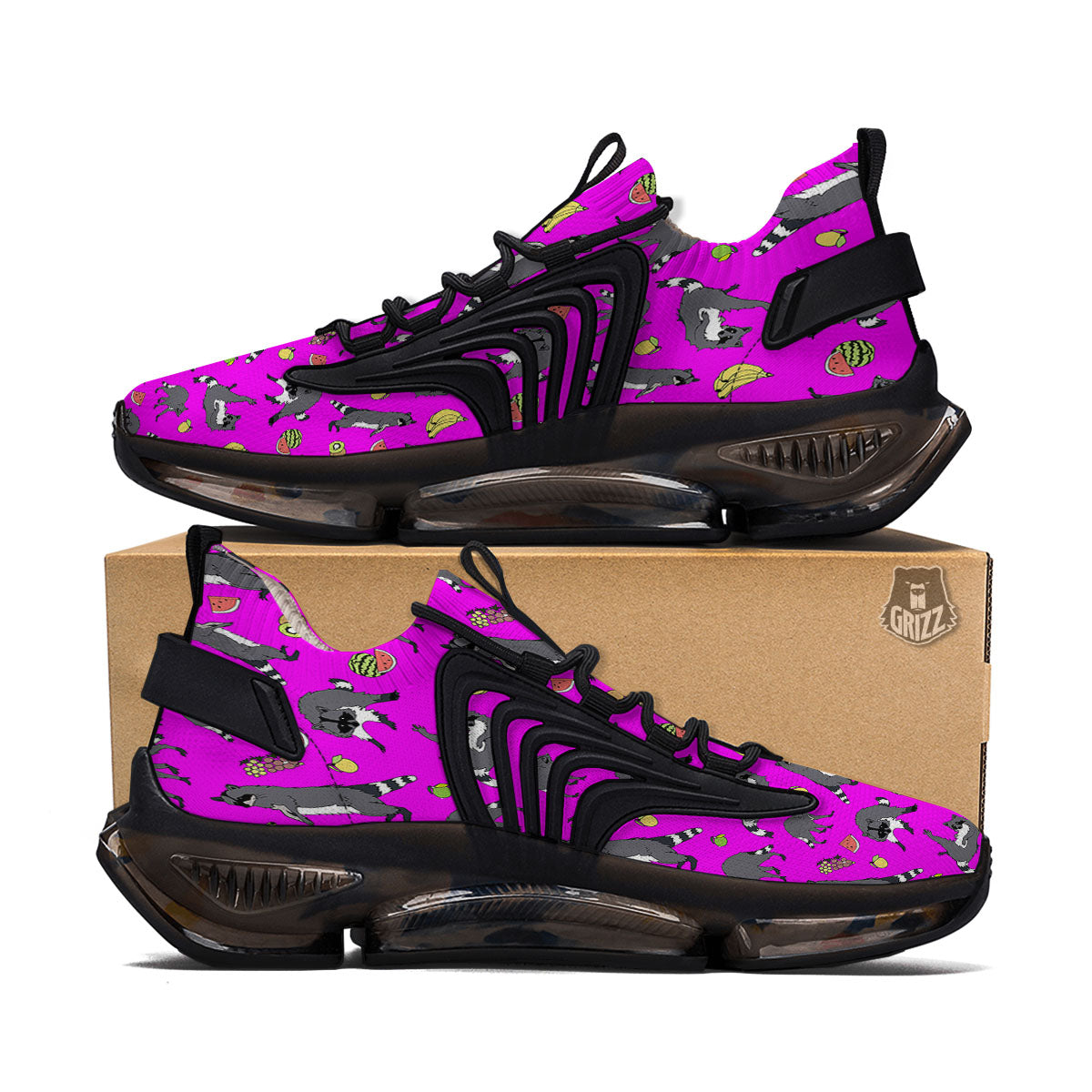 Fruit And Raccoon Print Pattern Black Gym Shoes-grizzshop