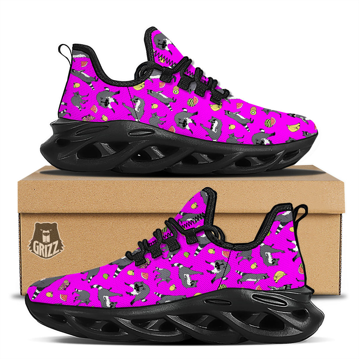 Fruit And Raccoon Print Pattern Black Running Shoes-grizzshop