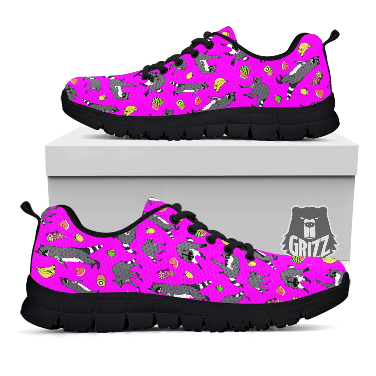 Fruit And Raccoon Print Pattern Black Sneaker-grizzshop