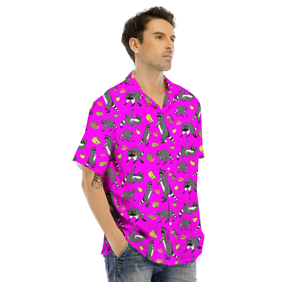 Fruit And Raccoon Print Pattern Men's Hawaiian Shirt-grizzshop