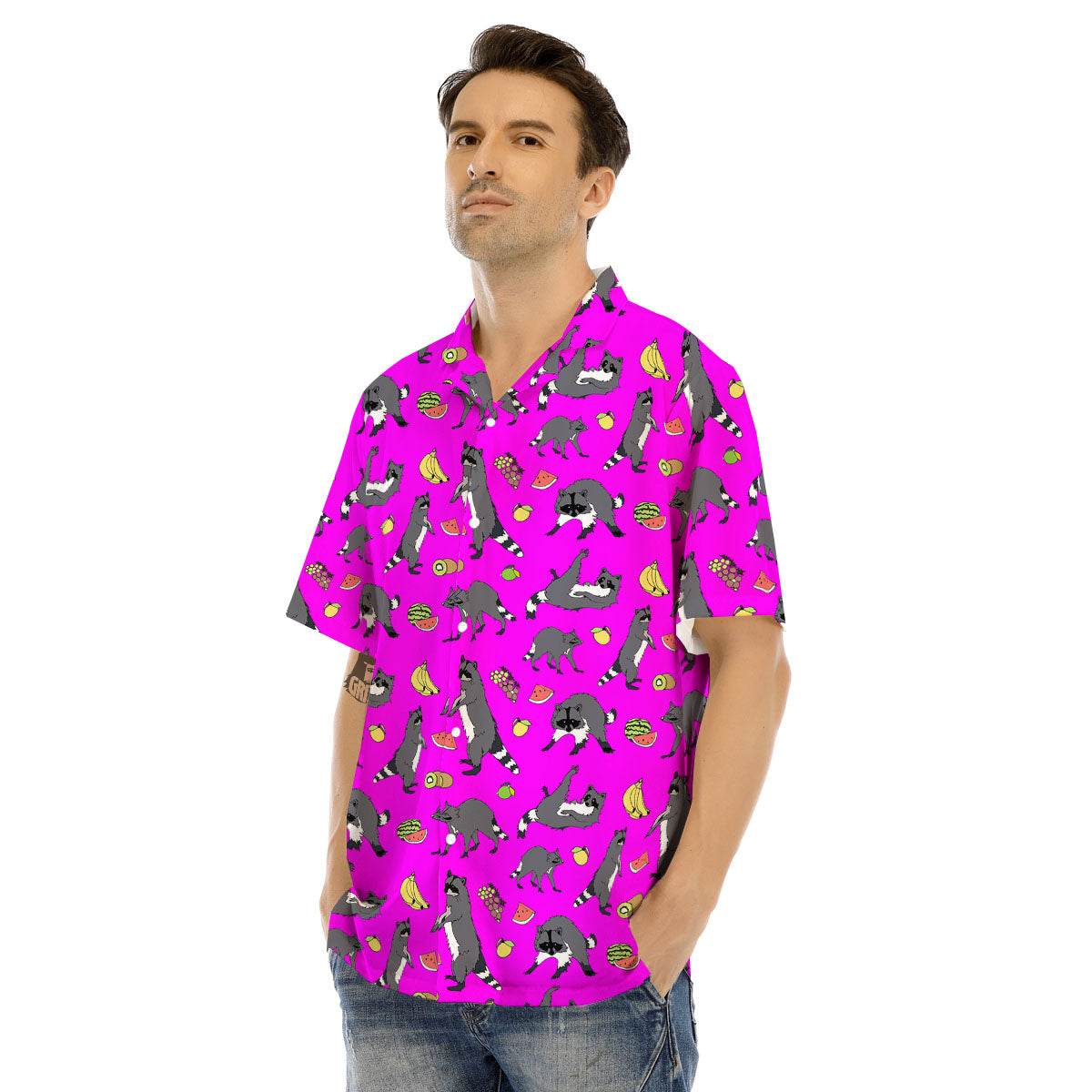 Fruit And Raccoon Print Pattern Men's Hawaiian Shirt-grizzshop