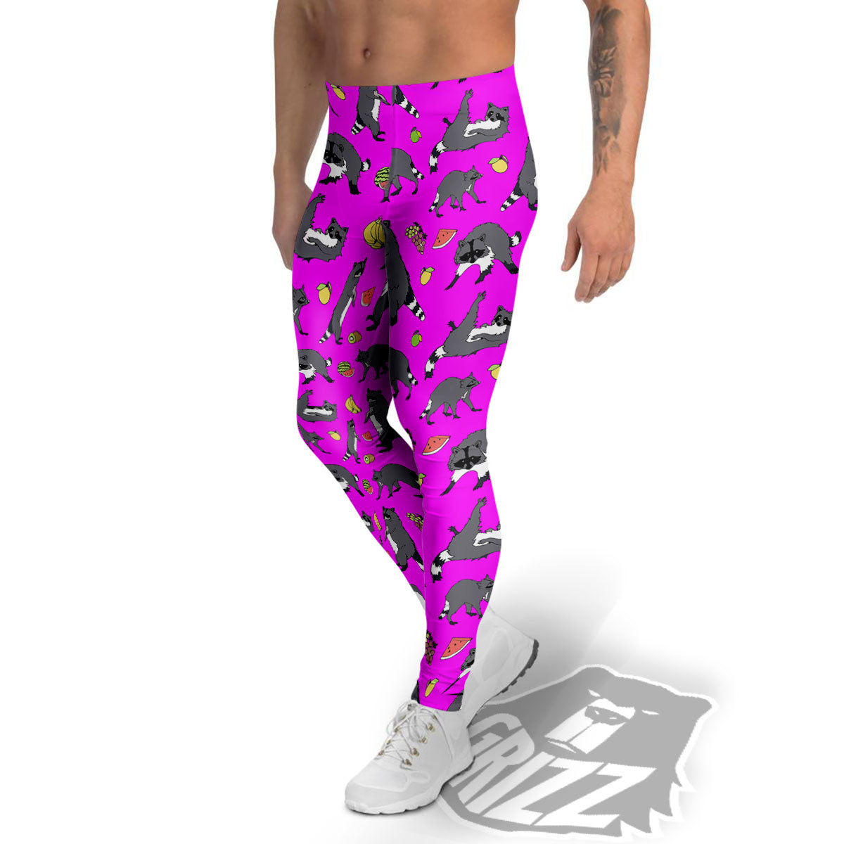 Fruit And Raccoon Print Pattern Men's Leggings-grizzshop