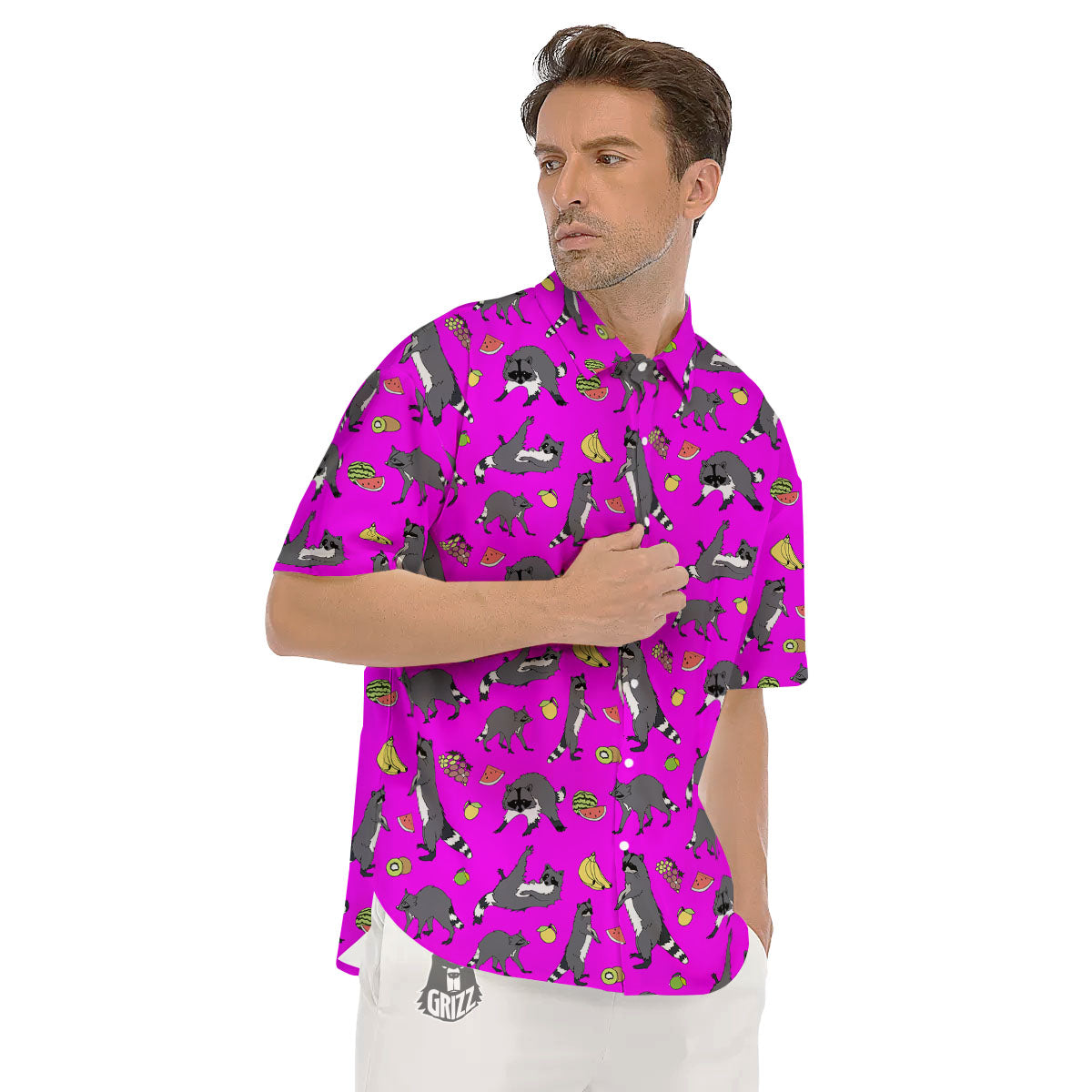Fruit And Raccoon Print Pattern Men's Short Sleeve Shirts-grizzshop