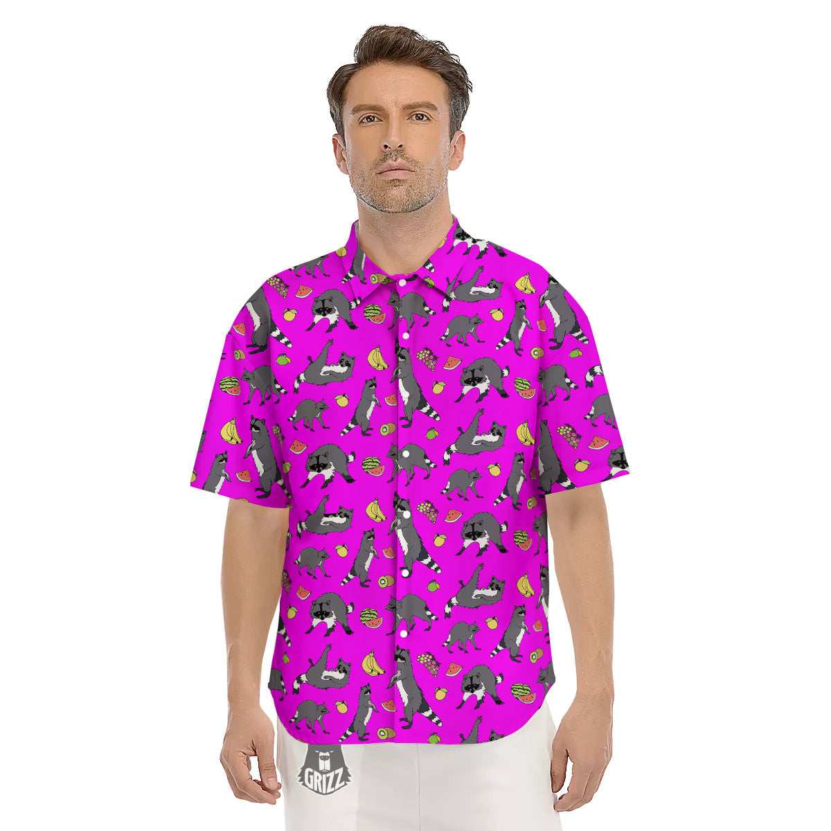 Fruit And Raccoon Print Pattern Men's Short Sleeve Shirts-grizzshop