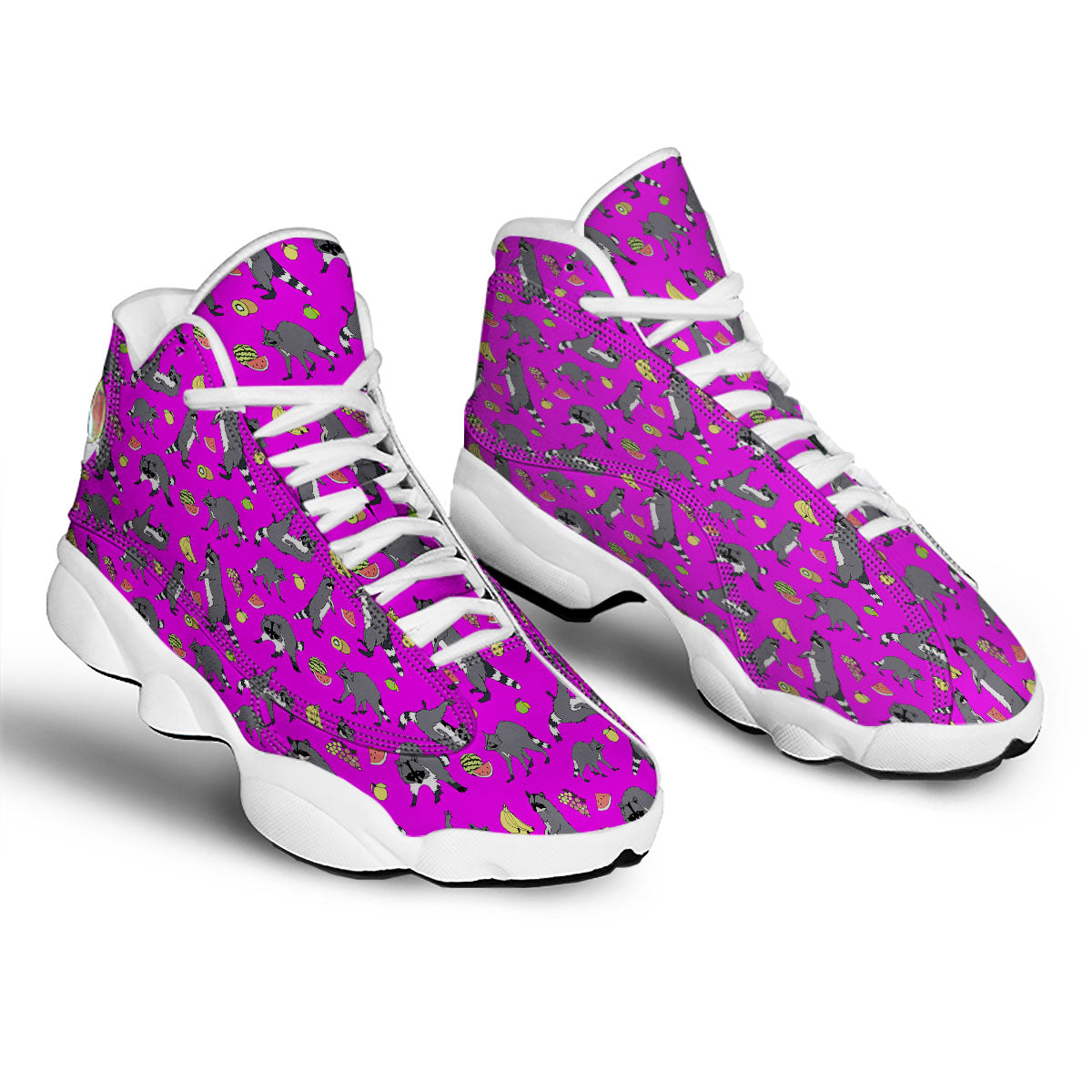 Fruit And Raccoon Print Pattern White Basketball Shoes-grizzshop
