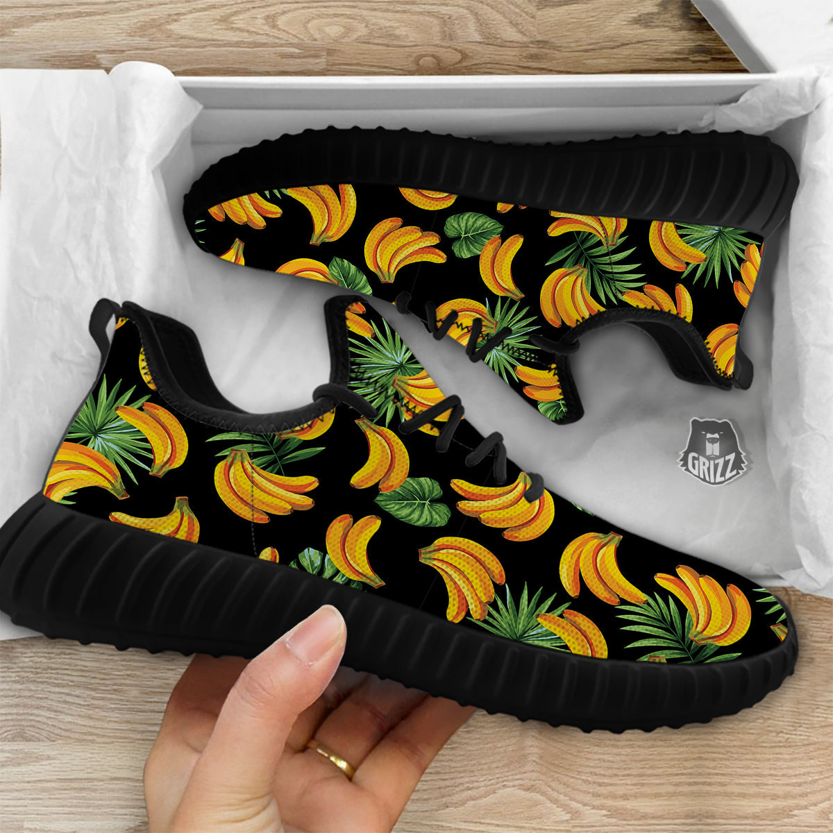 Fruit Banana Print Pattern Black Walking Shoes-grizzshop