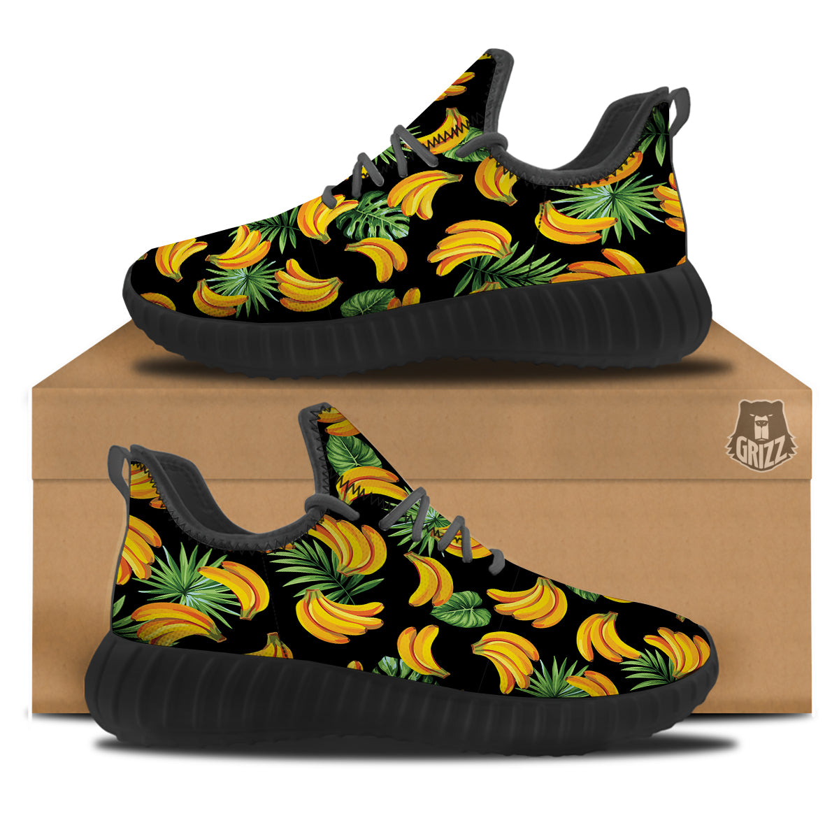 Fruit Banana Print Pattern Black Walking Shoes-grizzshop