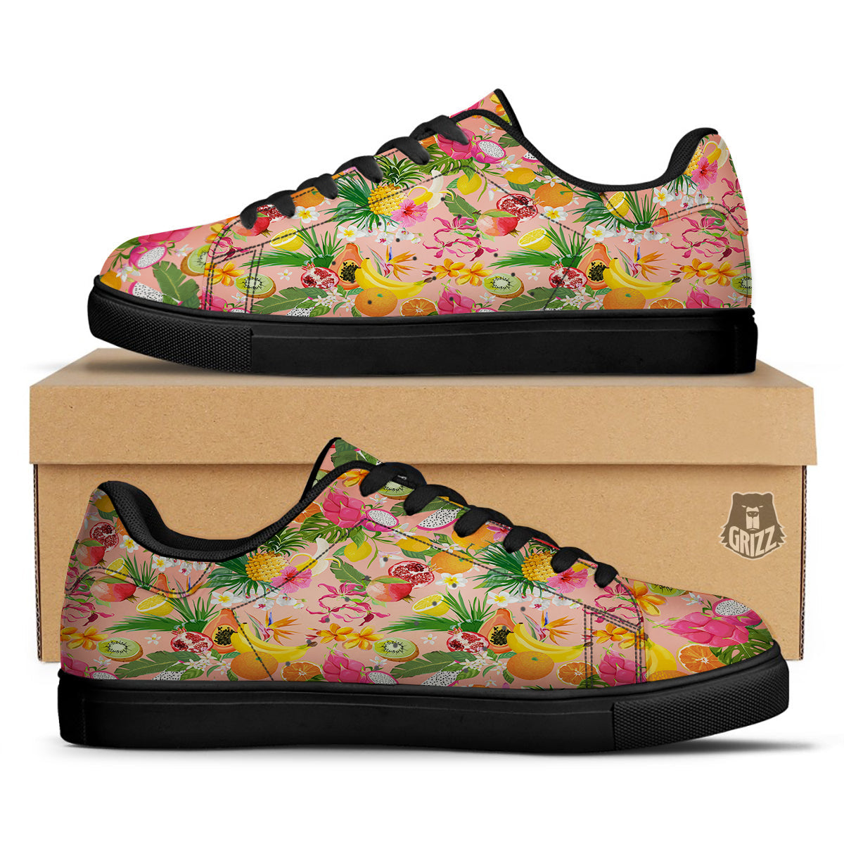 Fruit Leaf Tropical Print Pattern Black Low Top Sneakers-grizzshop
