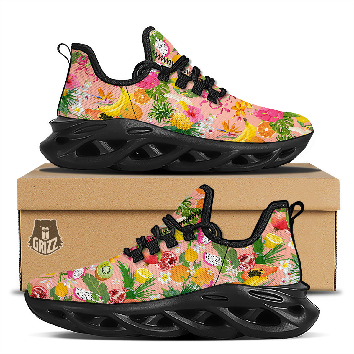 Fruit Leaf Tropical Print Pattern Black Running Shoes-grizzshop